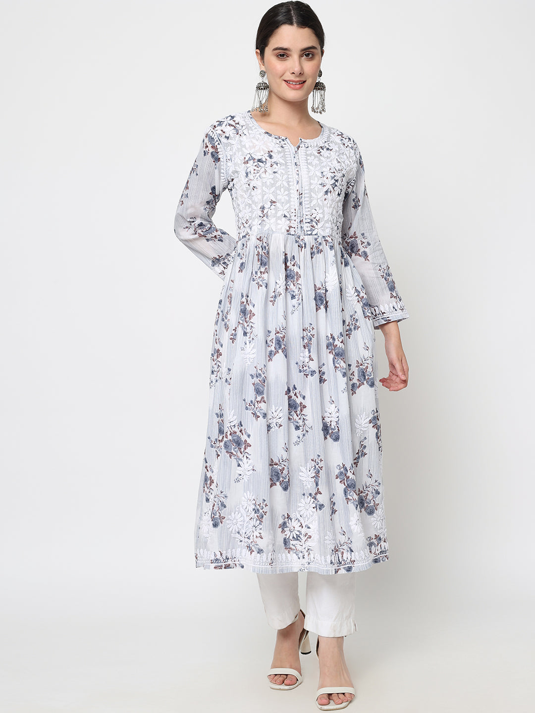Women Hand Embroidered Chikankari Cotton Kurta-AL3583 Grey