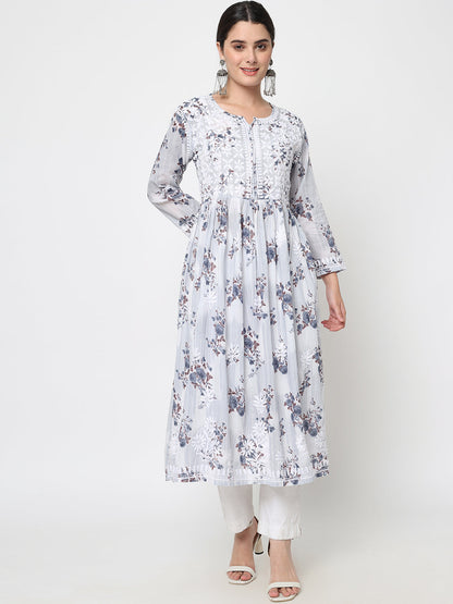 Women Hand Embroidered Chikankari Cotton Kurta-AL3583 Grey