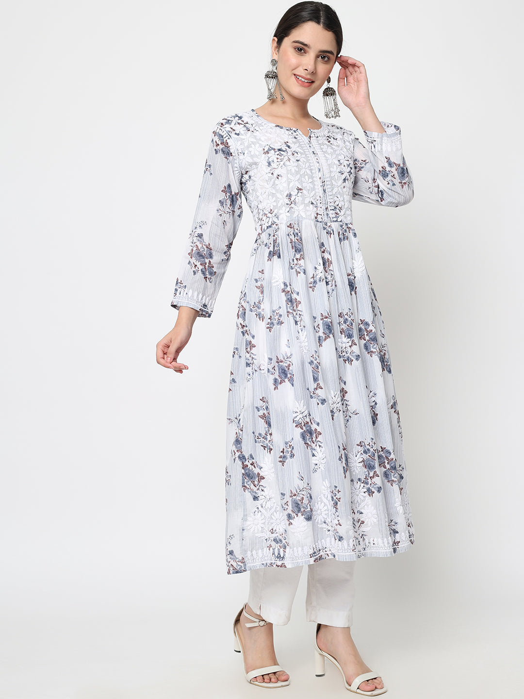 Women Hand Embroidered Chikankari Cotton Kurta-AL3583 Grey