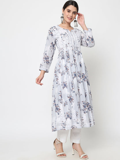 Women Hand Embroidered Chikankari Cotton Kurta-AL3583 Grey