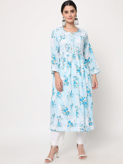 Women Hand Embroidered Chikankari Cotton Kurta-AL3583 Blue