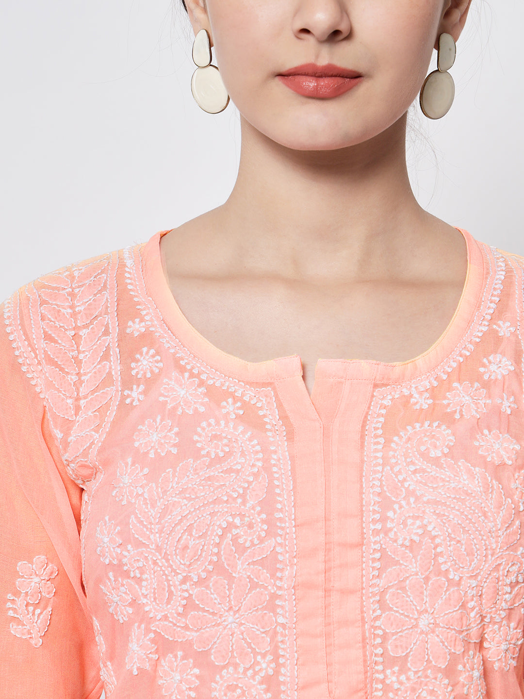 Hand Embroidered Chikankari Cotton Straight Kurti-AL3595 Darkpeach