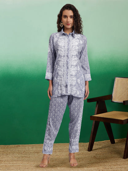 Women Chikankari Printed Mulmul Co-Ord Set for Women-AL4054