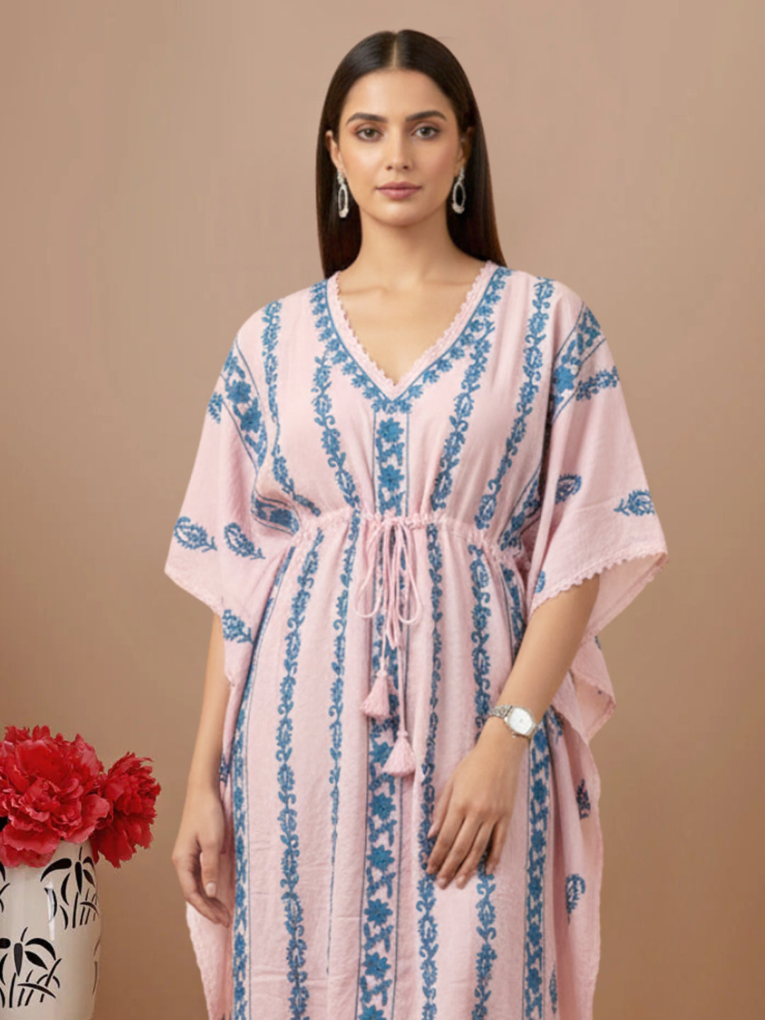 Hand Embroidered Chikankari Rayon Kaftan-AL3474 Turquoise