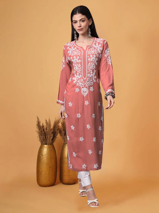 Women Hand Embroidered Chikankari Modal Kurta-AL4059 Rust