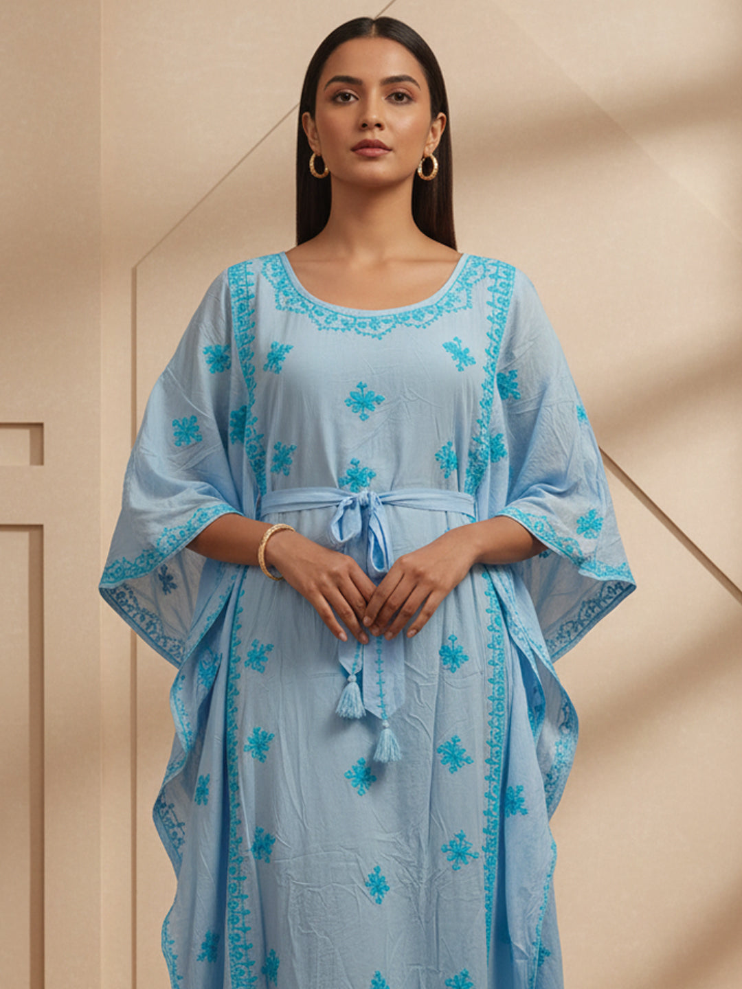 Hand Embroidered Chikankari Modal Kaftan-AL3604A Denimandturquoise