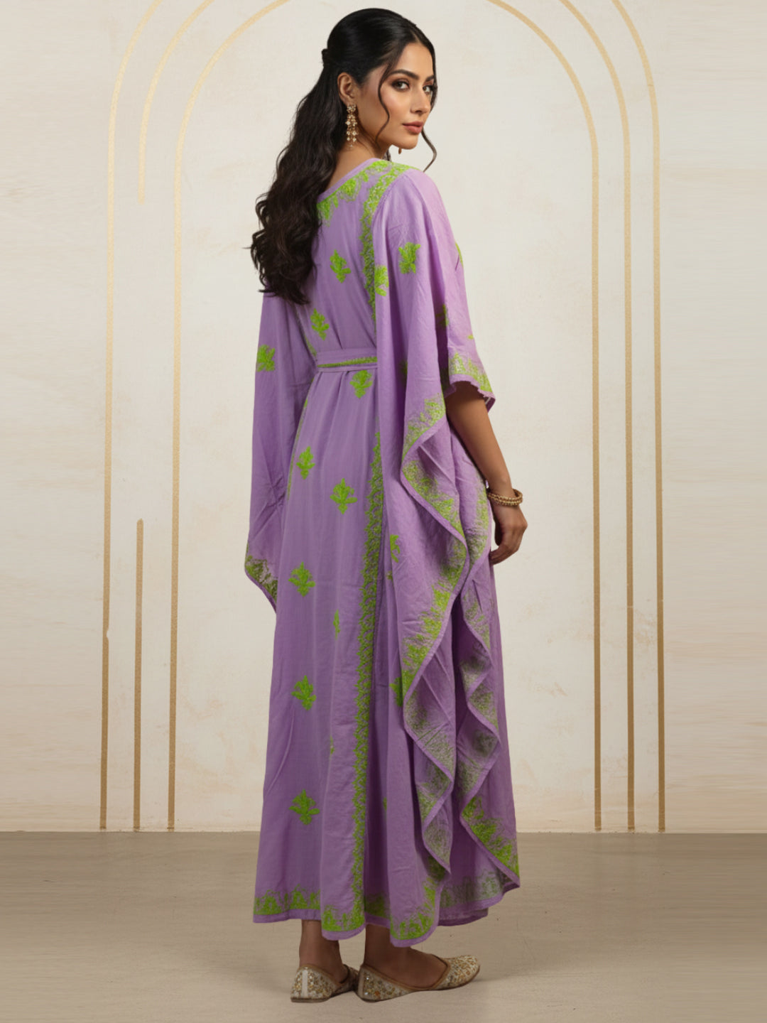 Hand Embroidered Chikankari Modal Kaftan-AL3604A Mauveandgreen