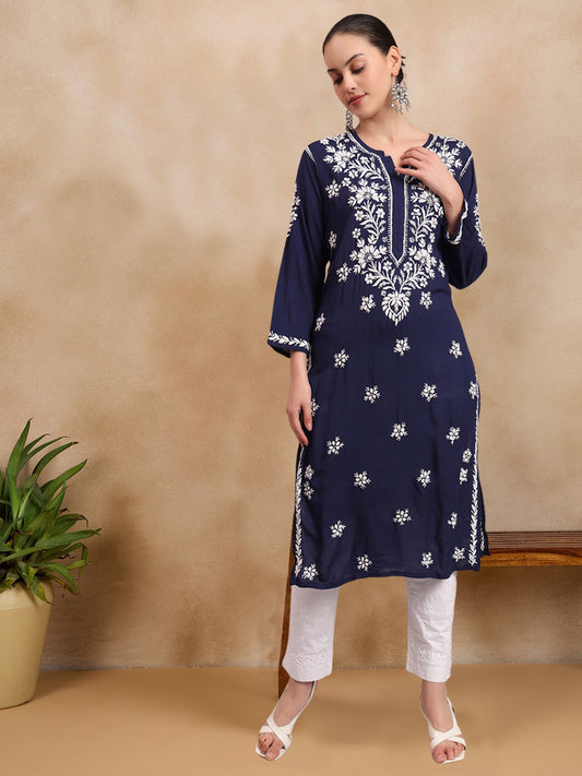 Women Hand Embroidered Chikankari Modal Kurta-AL4059 Navy