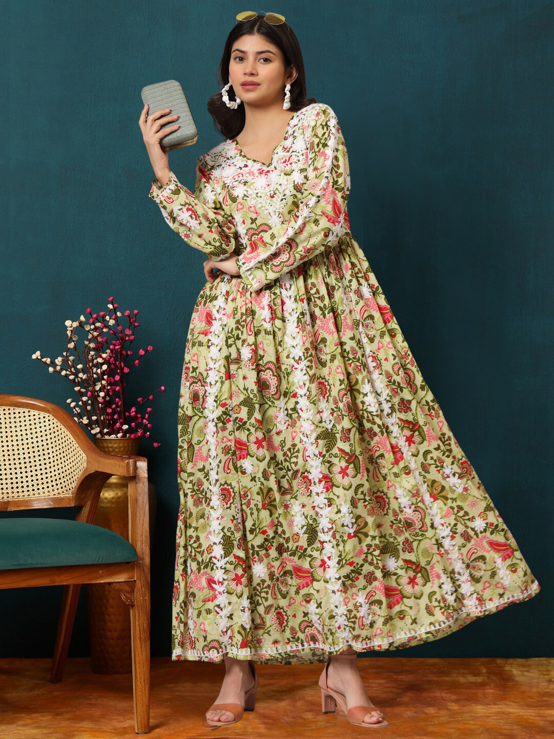 Hand Embroidered Lucknowi Chikankari  Printed Mulmul Cotton Jalabiya-AL3936 Green & Pink