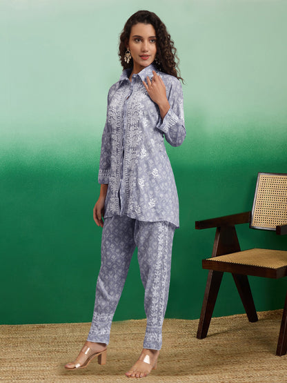 Women Chikankari Printed Mulmul Co-Ord Set for Women-AL4054