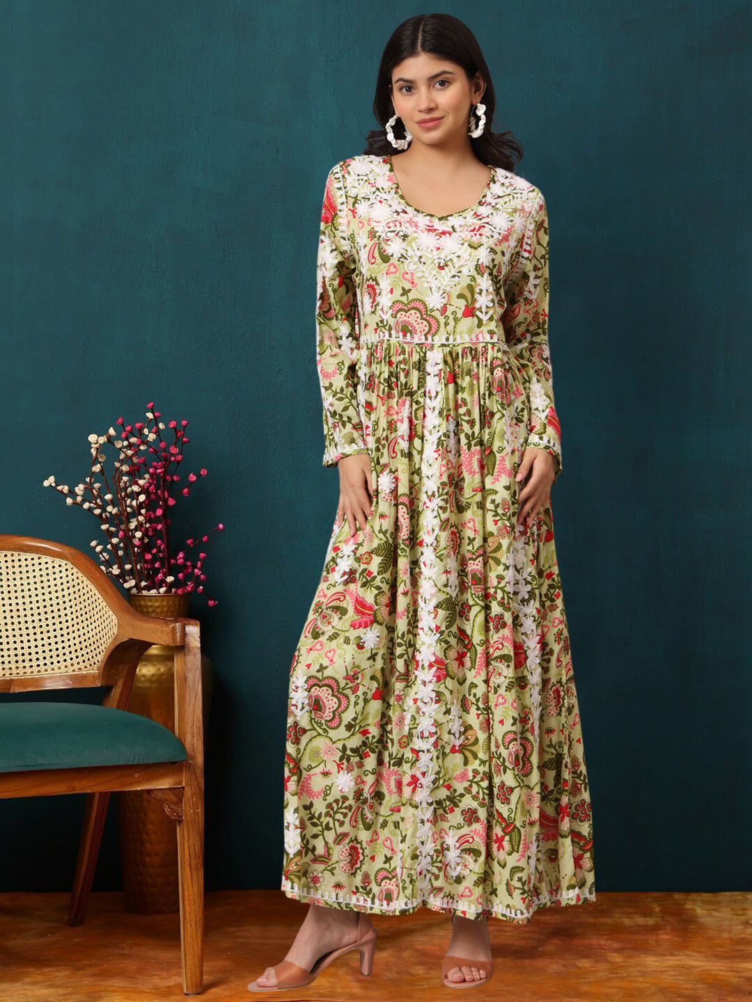 Hand Embroidered Lucknowi Chikankari  Printed Mulmul Cotton Jalabiya-AL3936 Green & Pink