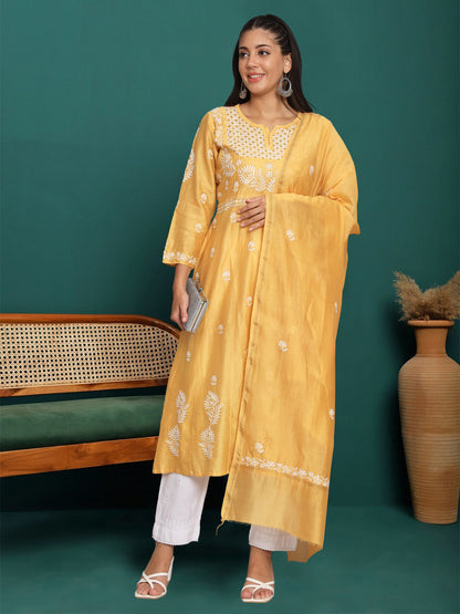 Hand embroidered Chikankari Chanderi Cotton Kurta Set and Dupatta with Mukaish AL3665KS