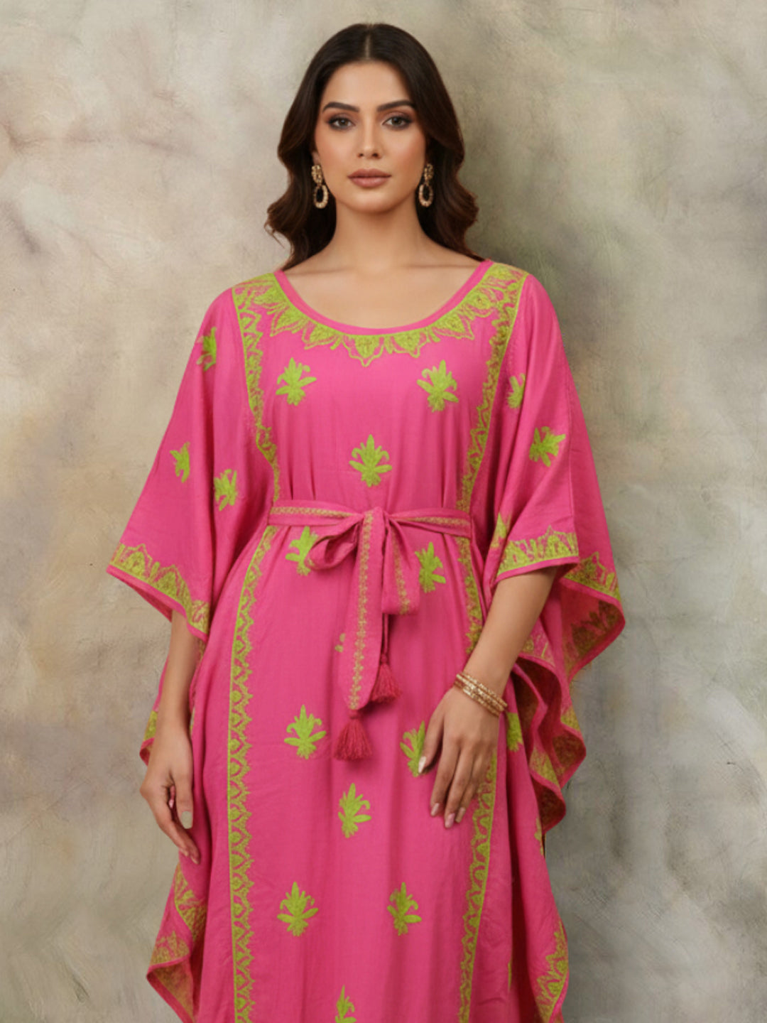 Hand Embroidered Chikankari Modal Kaftan-AL3604A Coralandgreen