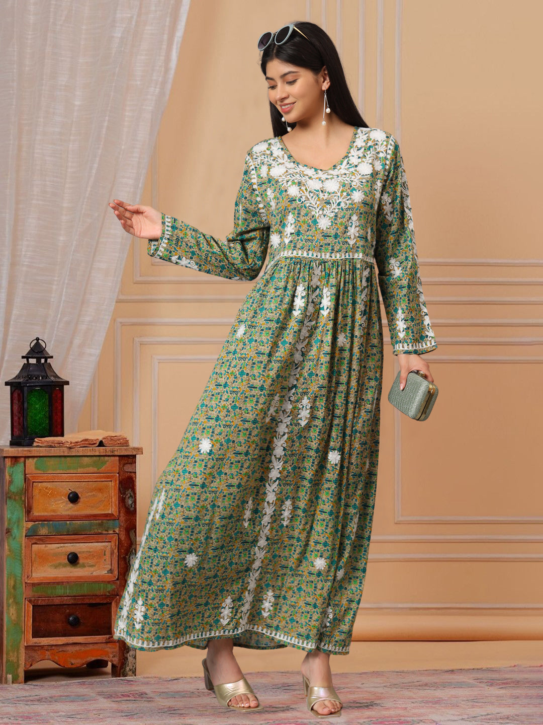 Hand Embroidered Lucknowi Chikankari  Printed Mulmul Cotton Jalabiya-AL3936 Green & Aqua