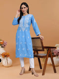 Hand Embroidered Chikankari Cotton Straight Kurta-AL3997 Denim
