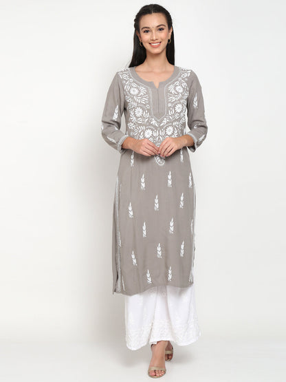 Hand Embroidered Chikankari Rayon Straight Kurta-AL3451 Grey