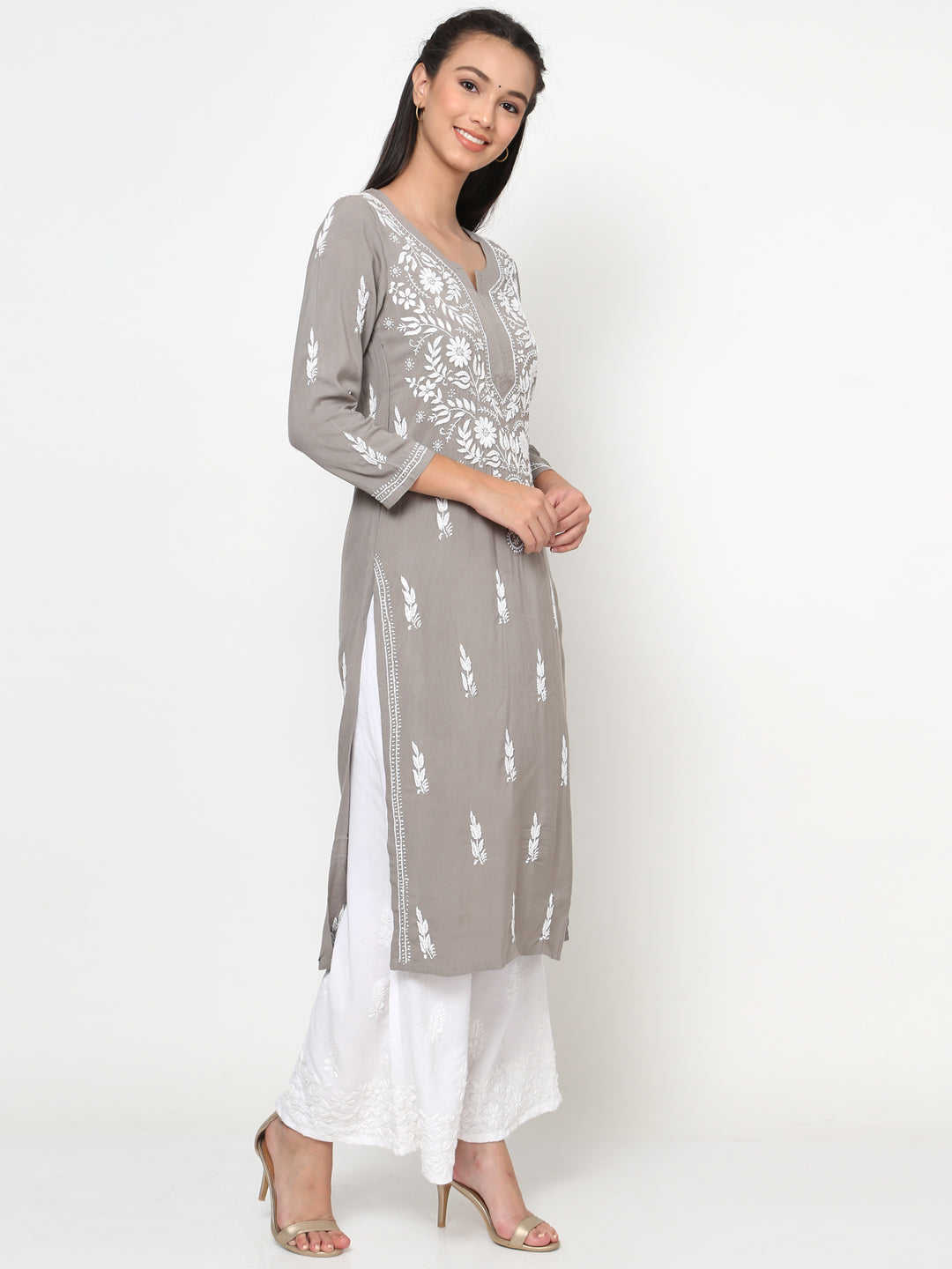 Hand Embroidered Chikankari Rayon Straight Kurta-AL3451 Grey