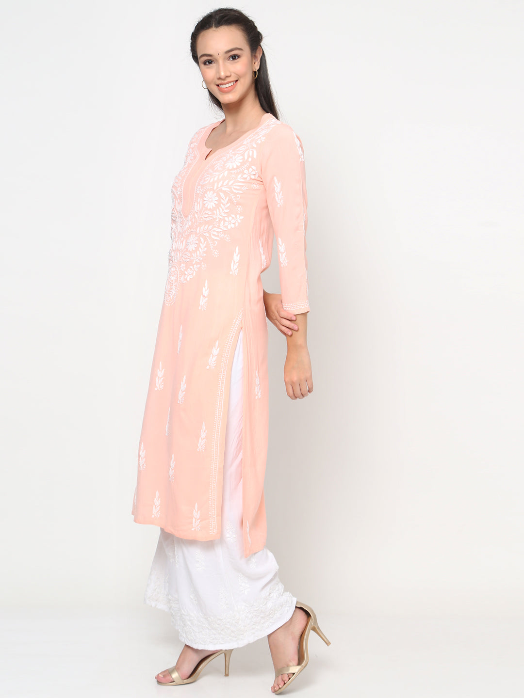 Hand Embroidered Chikankari Rayon Straight Kurta-AL3451 Peach