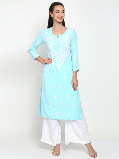 Hand Embroidered Chikankari Rayon Straight Kurta-AL3451 Blue