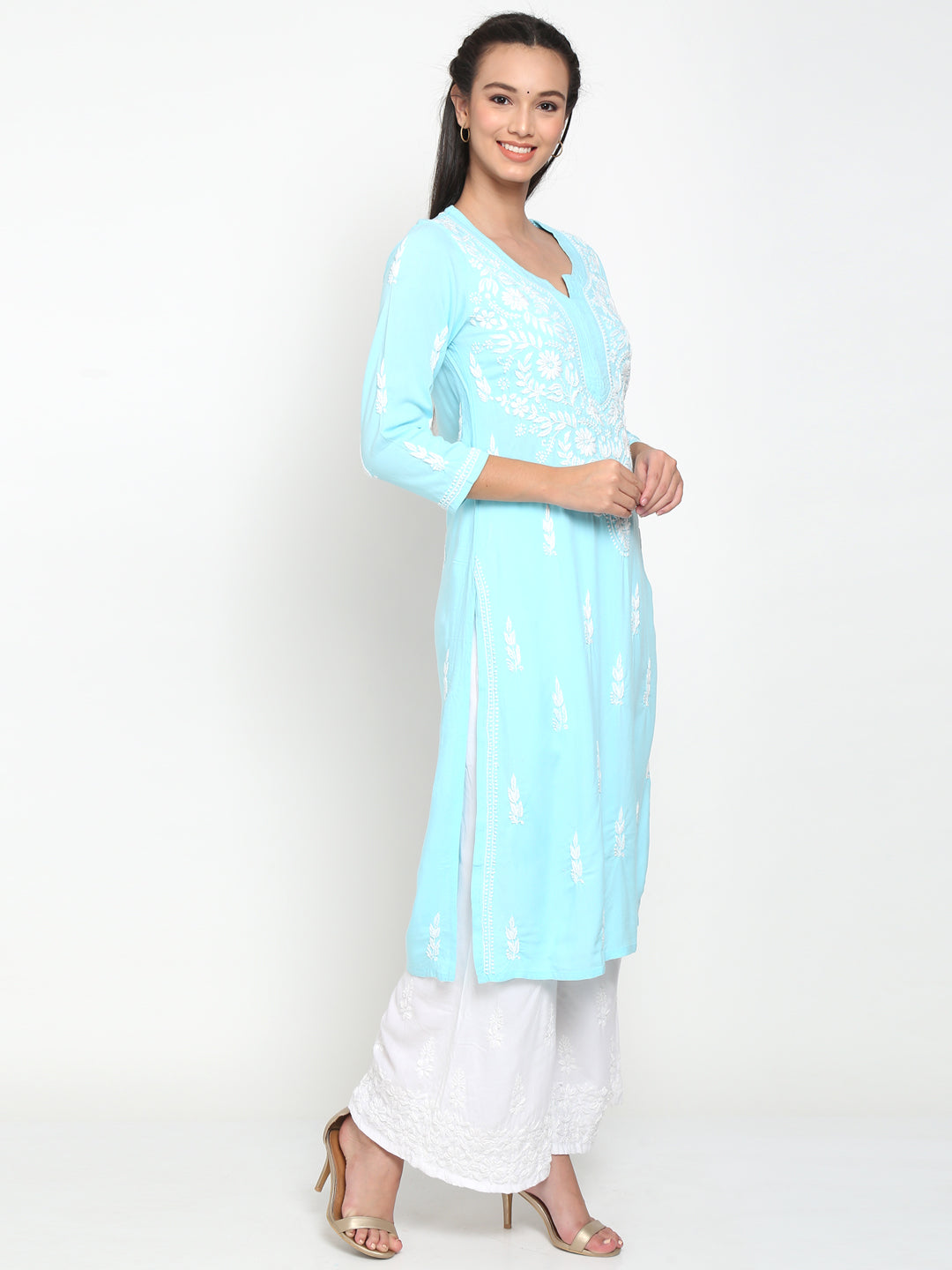 Hand Embroidered Chikankari Rayon Straight Kurta-AL3451 Blue