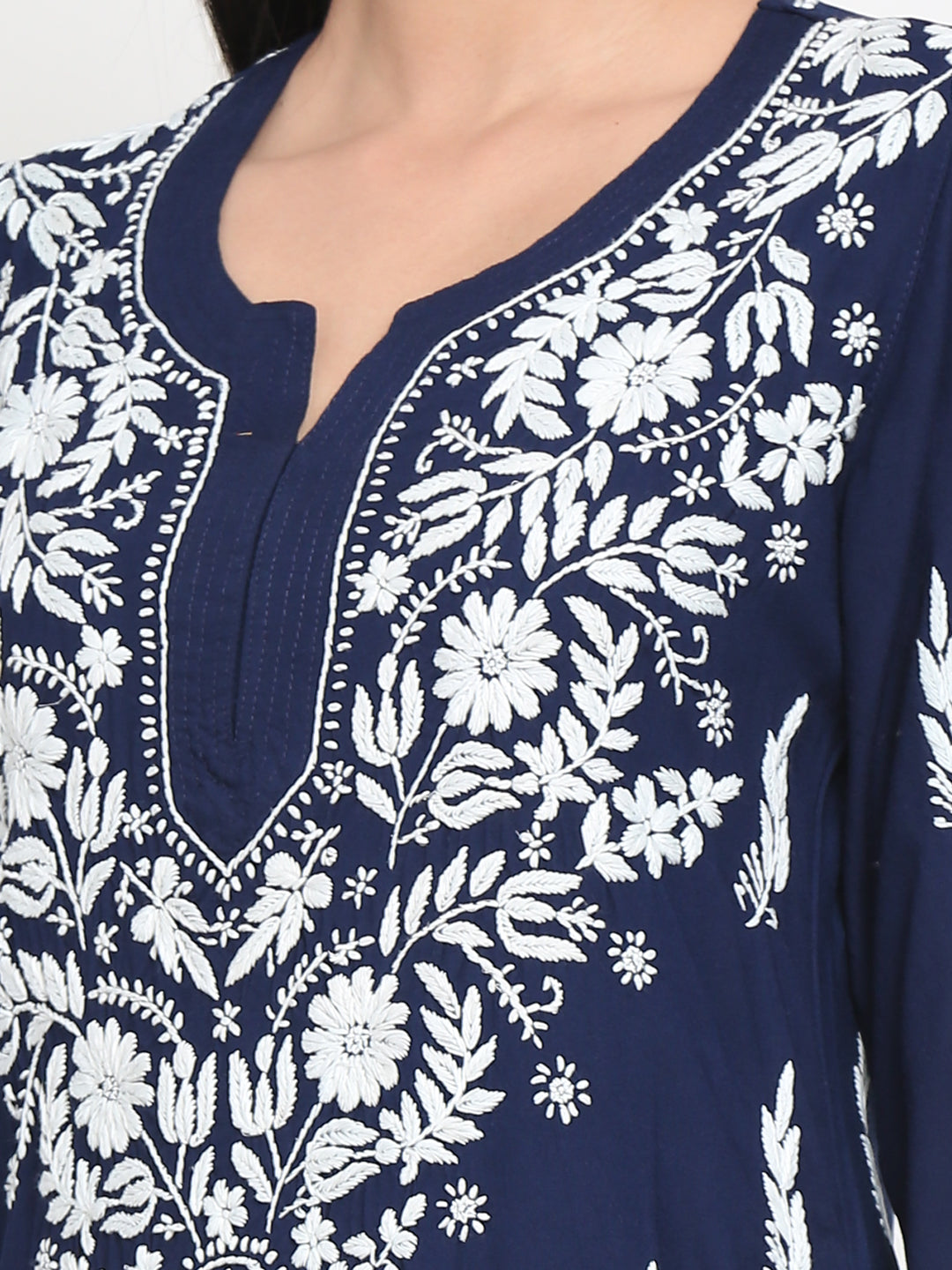 Hand Embroidered Chikankari Rayon Straight Kurta-AL3451 Navy