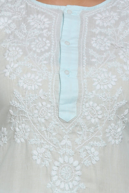 Hand Embroidered Chikankari Cotton Straight Kurta --ALNTV115 Lightblue