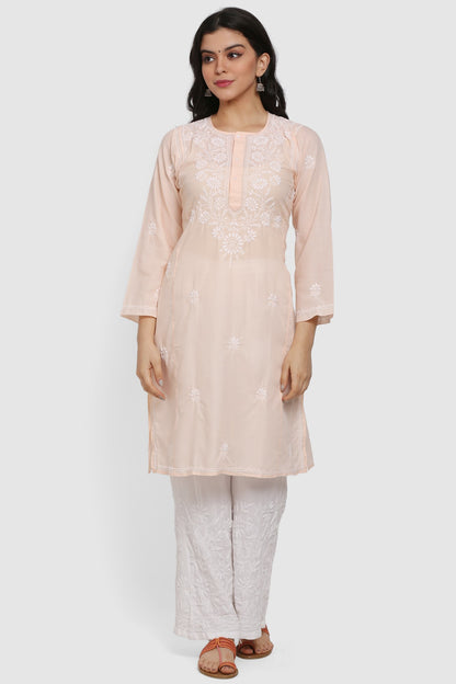 Hand Embroidered Chikankari Cotton Straight Kurta --ALNTV115 Lightpeach