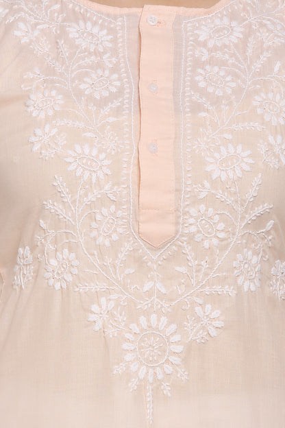Hand Embroidered Chikankari Cotton Straight Kurta --ALNTV115 Lightpeach
