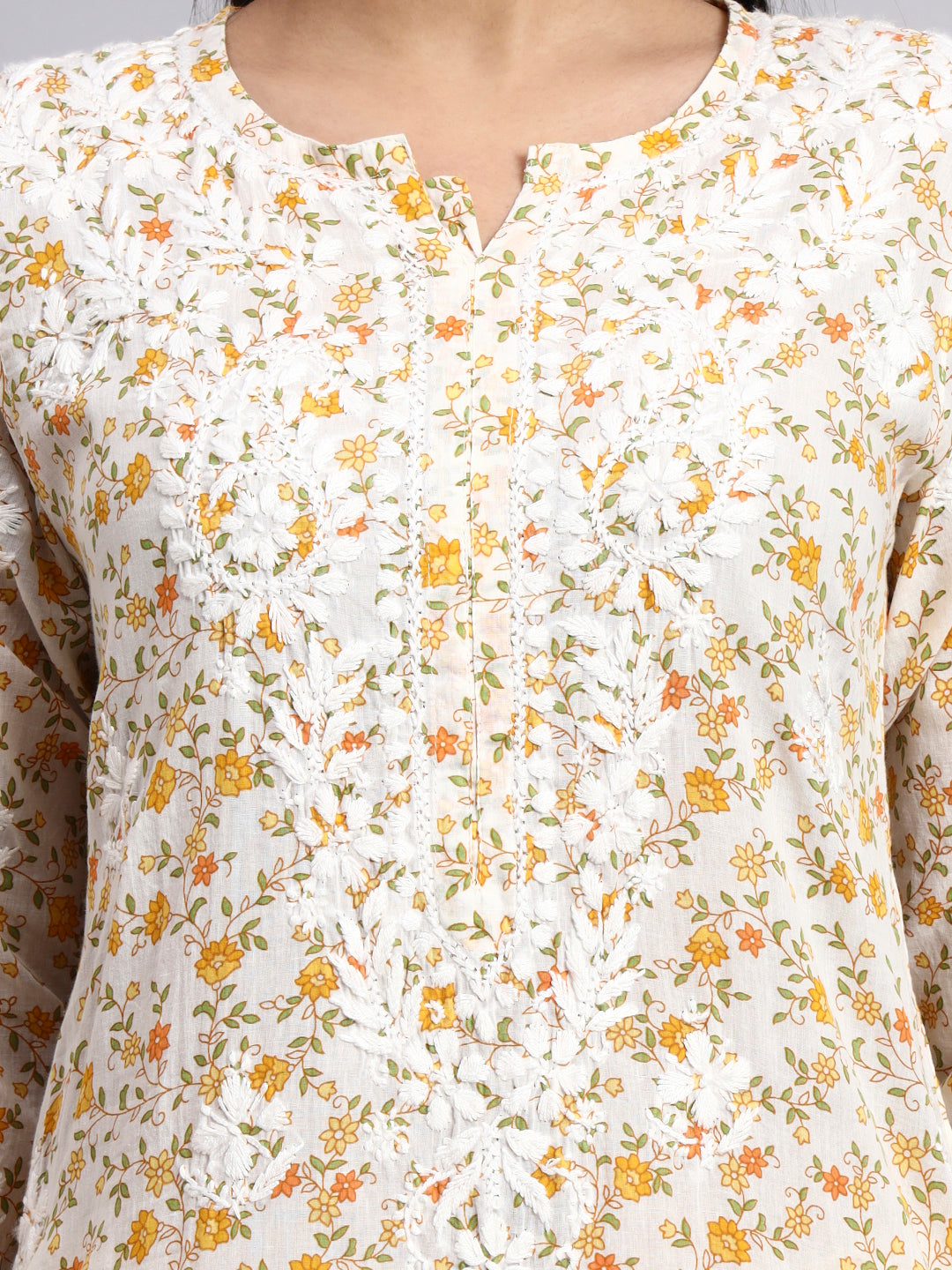 Hand Embroidered Chikankari Cotton Kurta-AL4105 Yellow