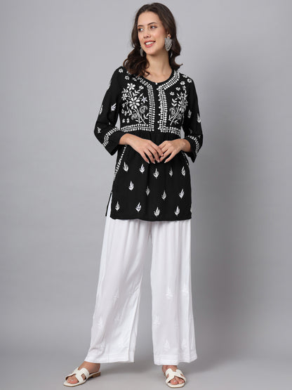 Women Hand Embroidered Chikankari Rayon Kurti with Pockets-AL3696 Black