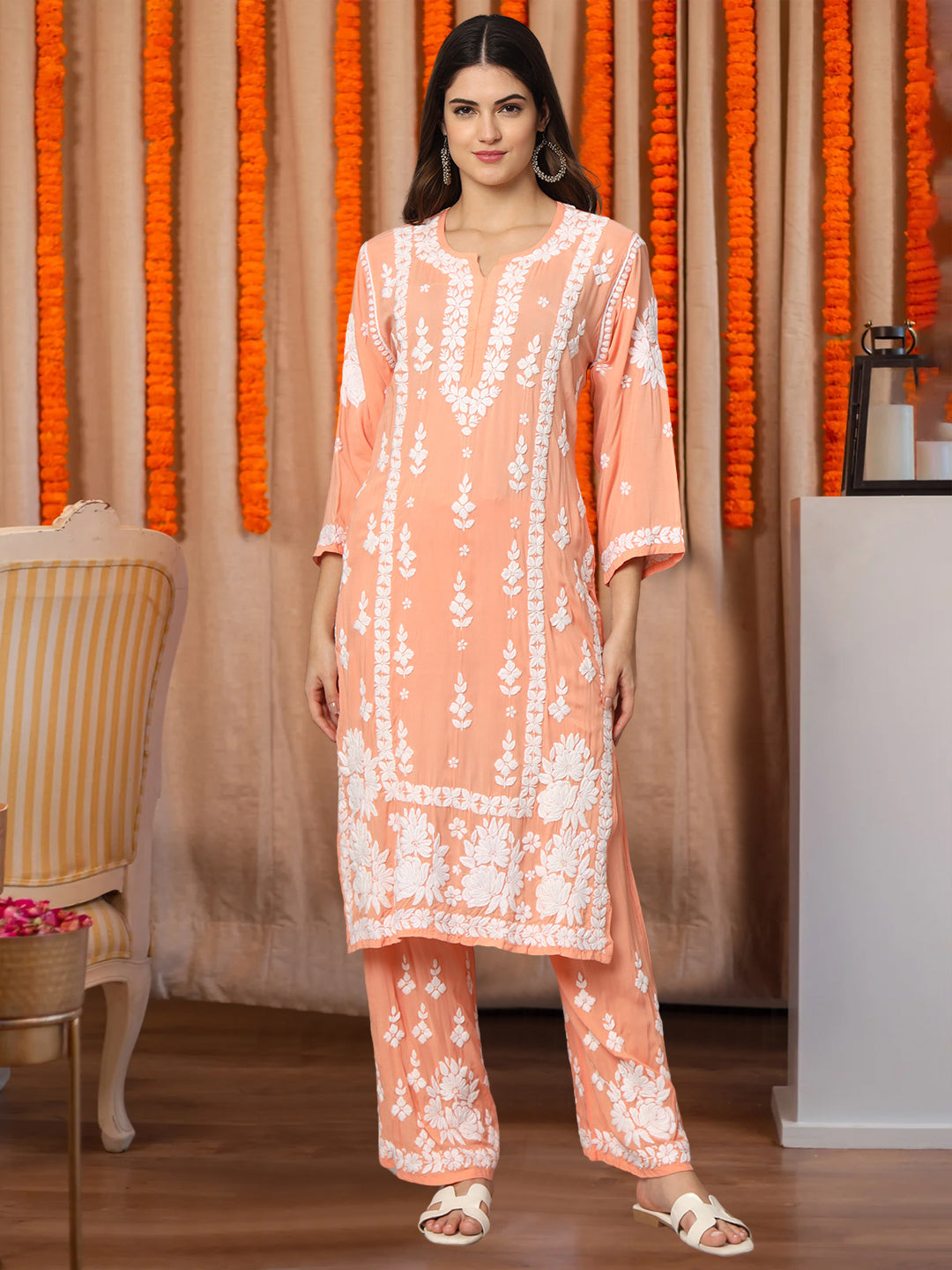Women Hand Embroidered Chikankari Modal Kurta set-AL4049KS Peach