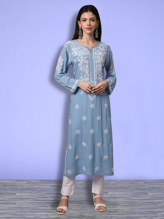 Women Hand Embroidered Chikankari Modal Kurta-AL4059 Denim
