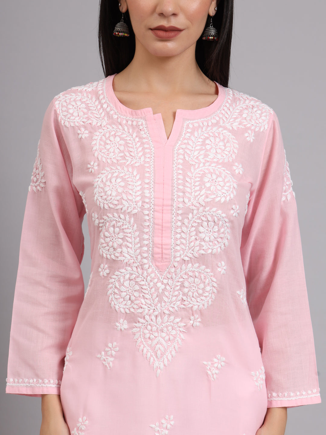 Hand Embroidered Chikankari Cotton Straight Kurta-AL3997 Pink