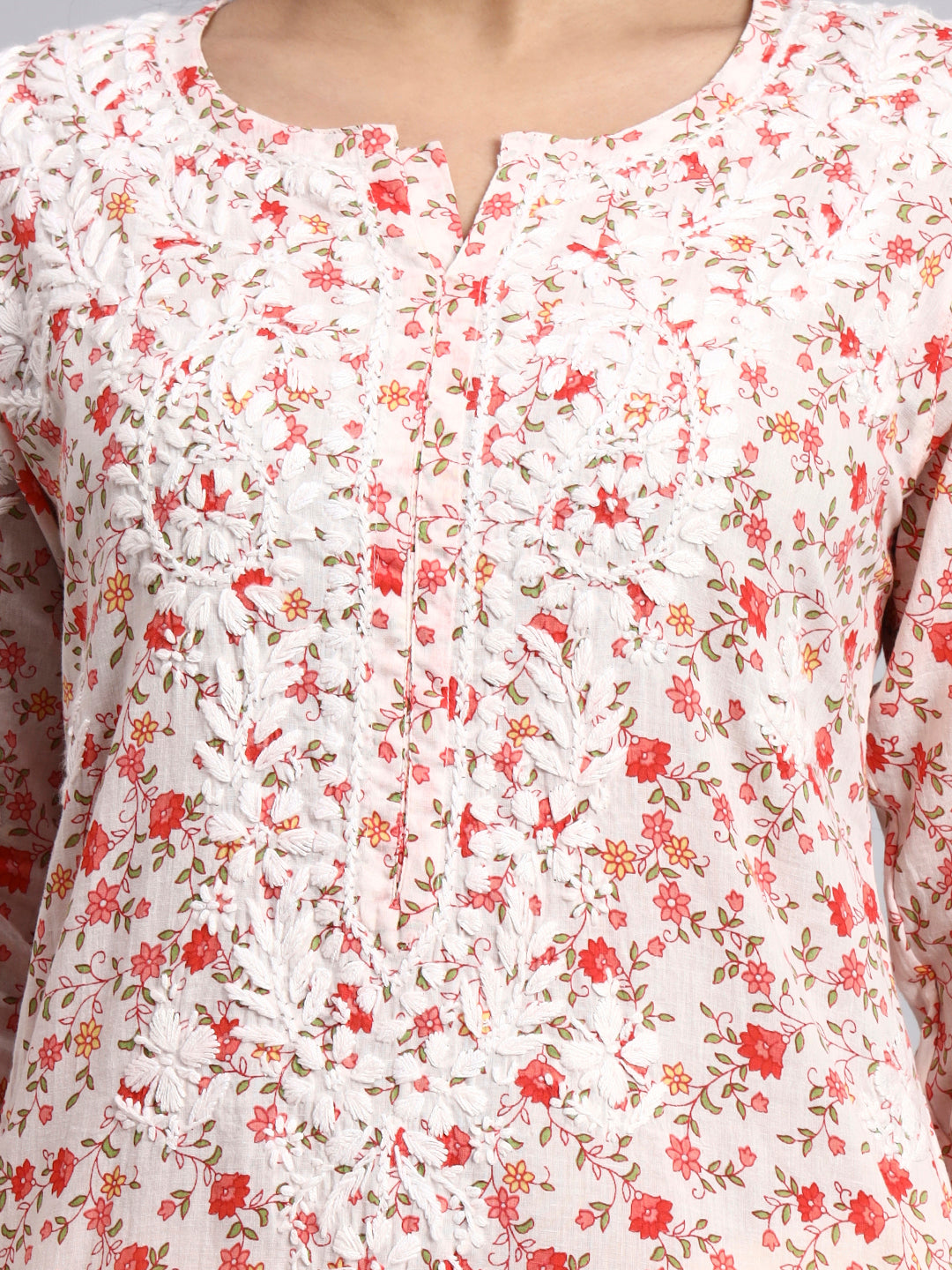 Hand Embroidered Chikankari Cotton Kurta-AL4105 Red