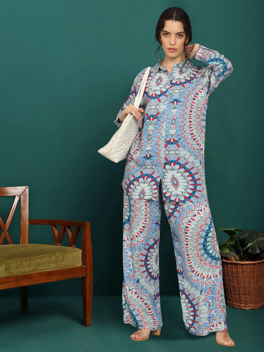 Printed Rayon Co-Ord Set for Women-AL4001 Blue
