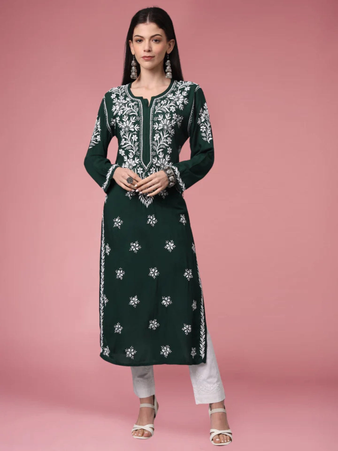 Women Hand Embroidered Modal Chikankari Kurta-AL4059 Darkgreen