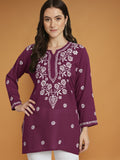 Women Hand Embroidered Modal Chikankari Kurti-AL3611 Burgundy