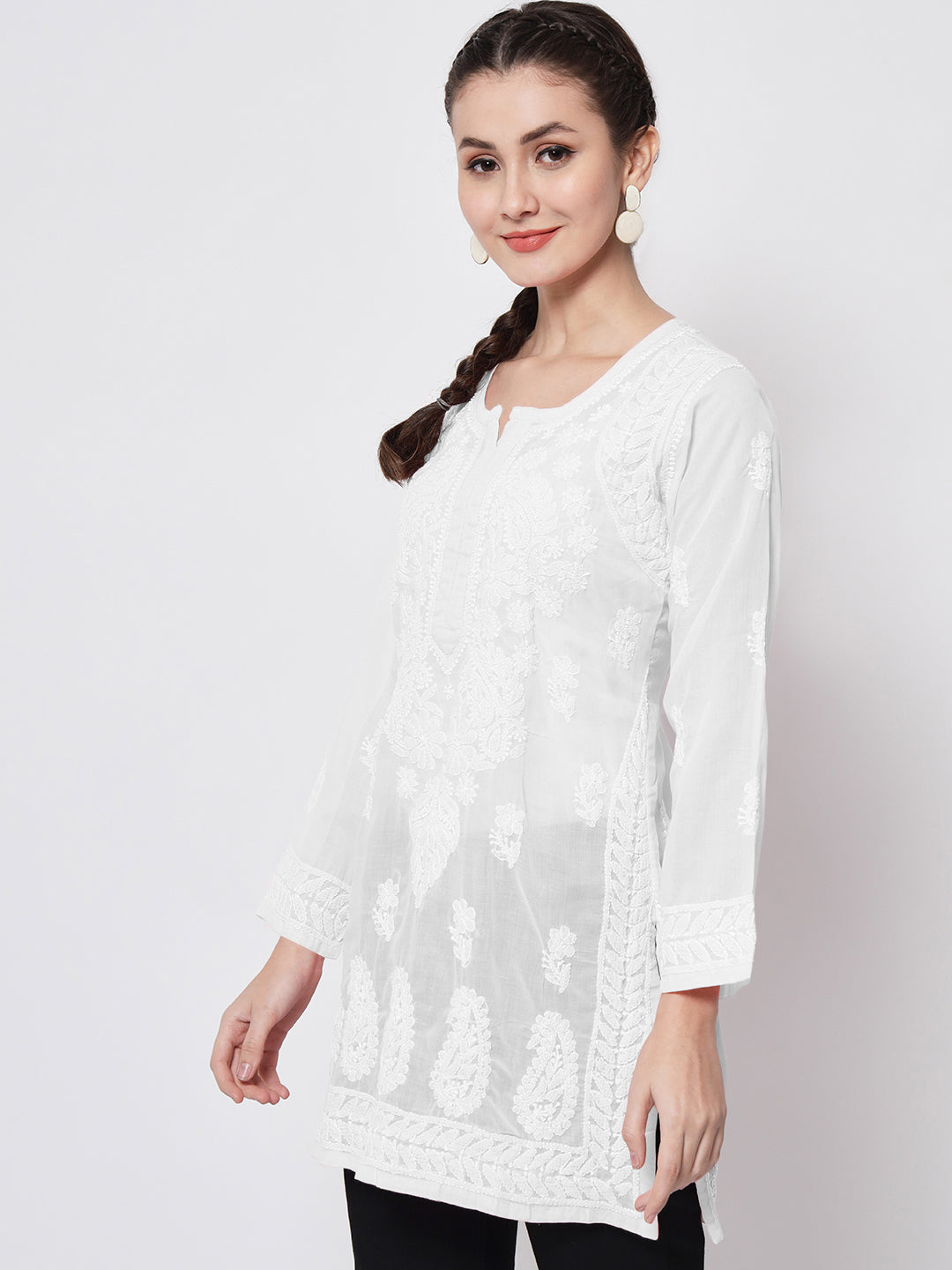 Hand Embroidered Chikankari Cotton Straight Kurti-AL3595 White