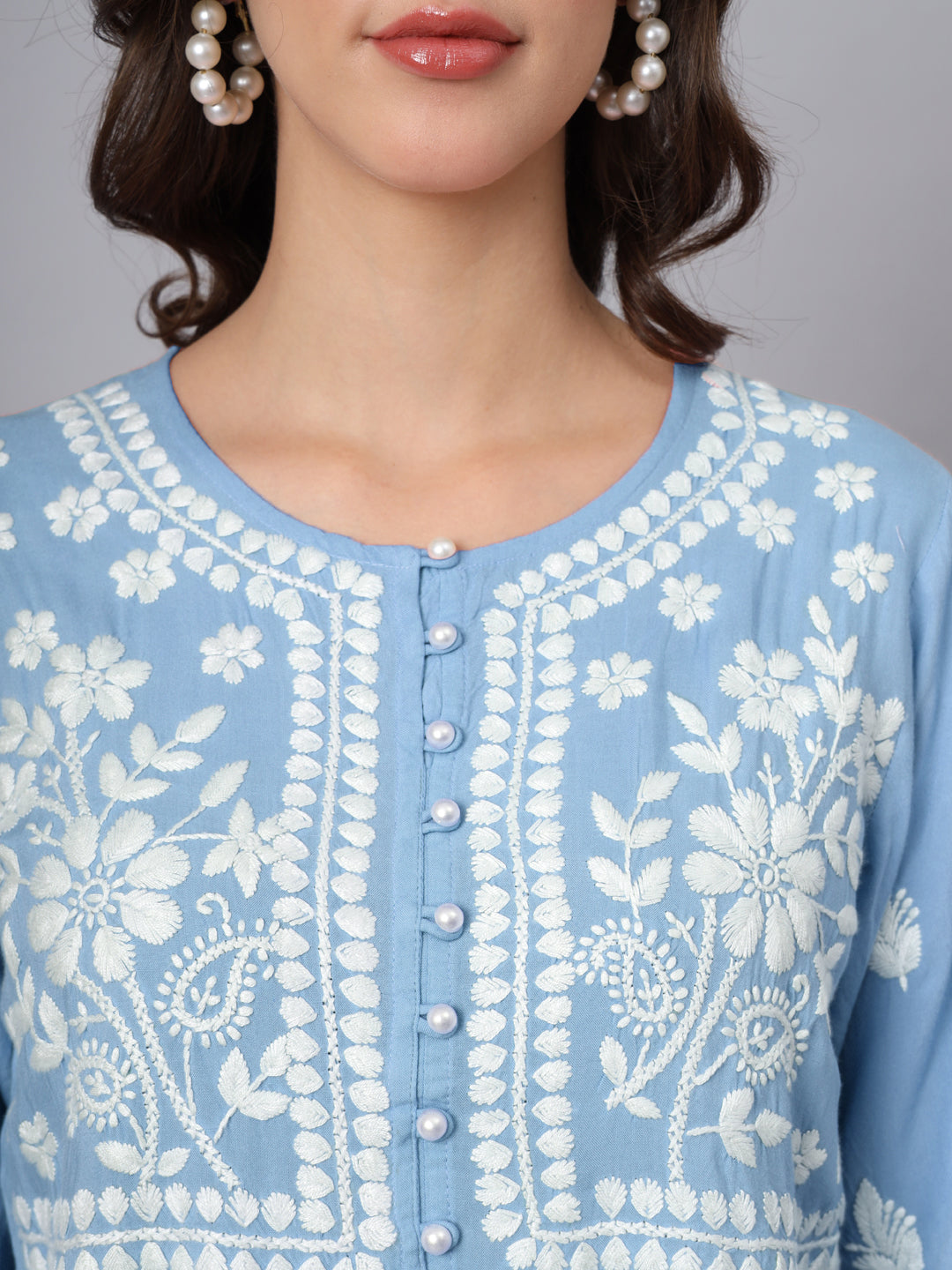 Women Hand Embroidered Chikankari Rayon Kurti with Pockets-AL3696 Blue