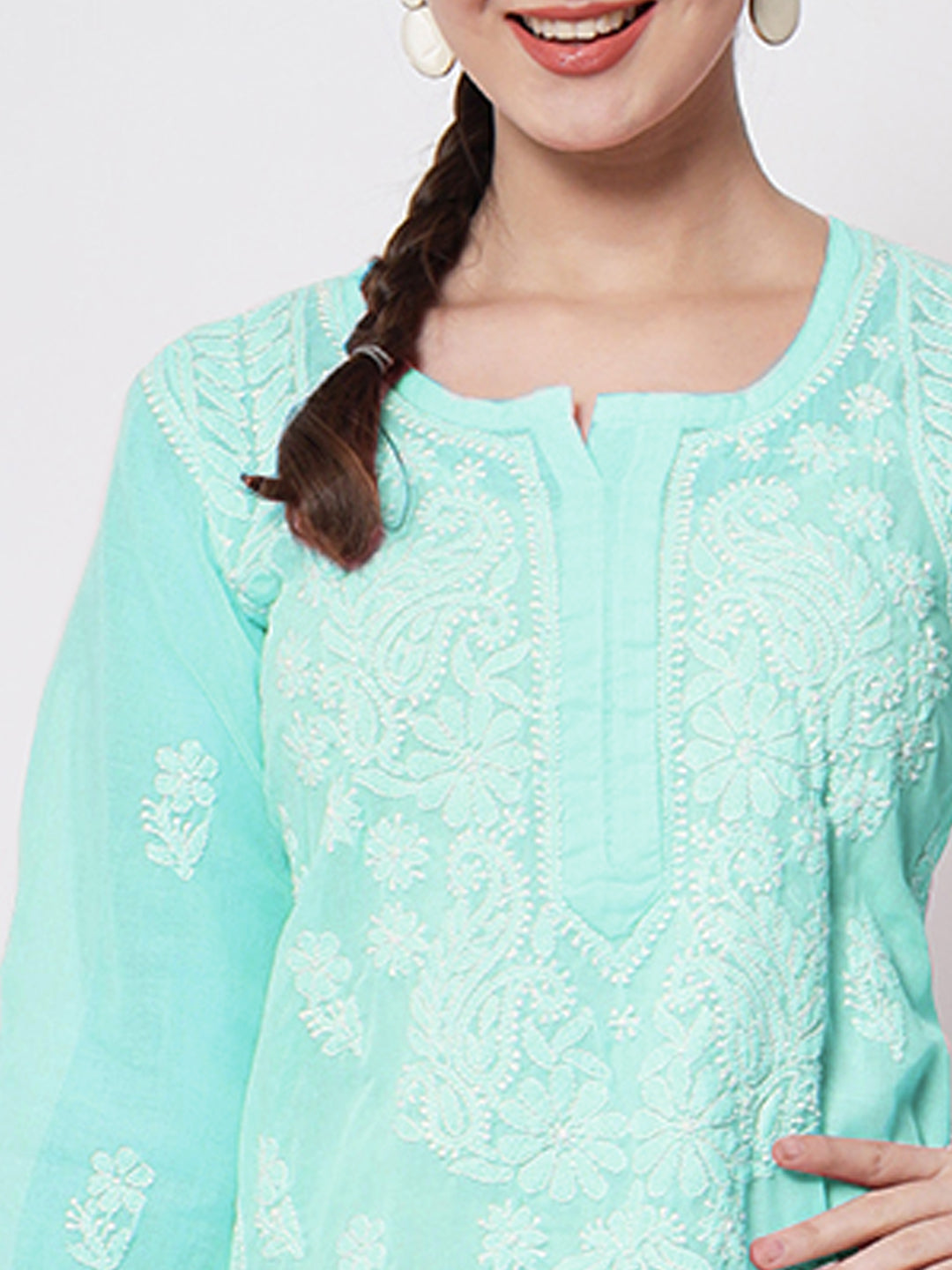 Hand Embroidered Chikankari Cotton Straight Kurti-AL3595 Darkseagreen