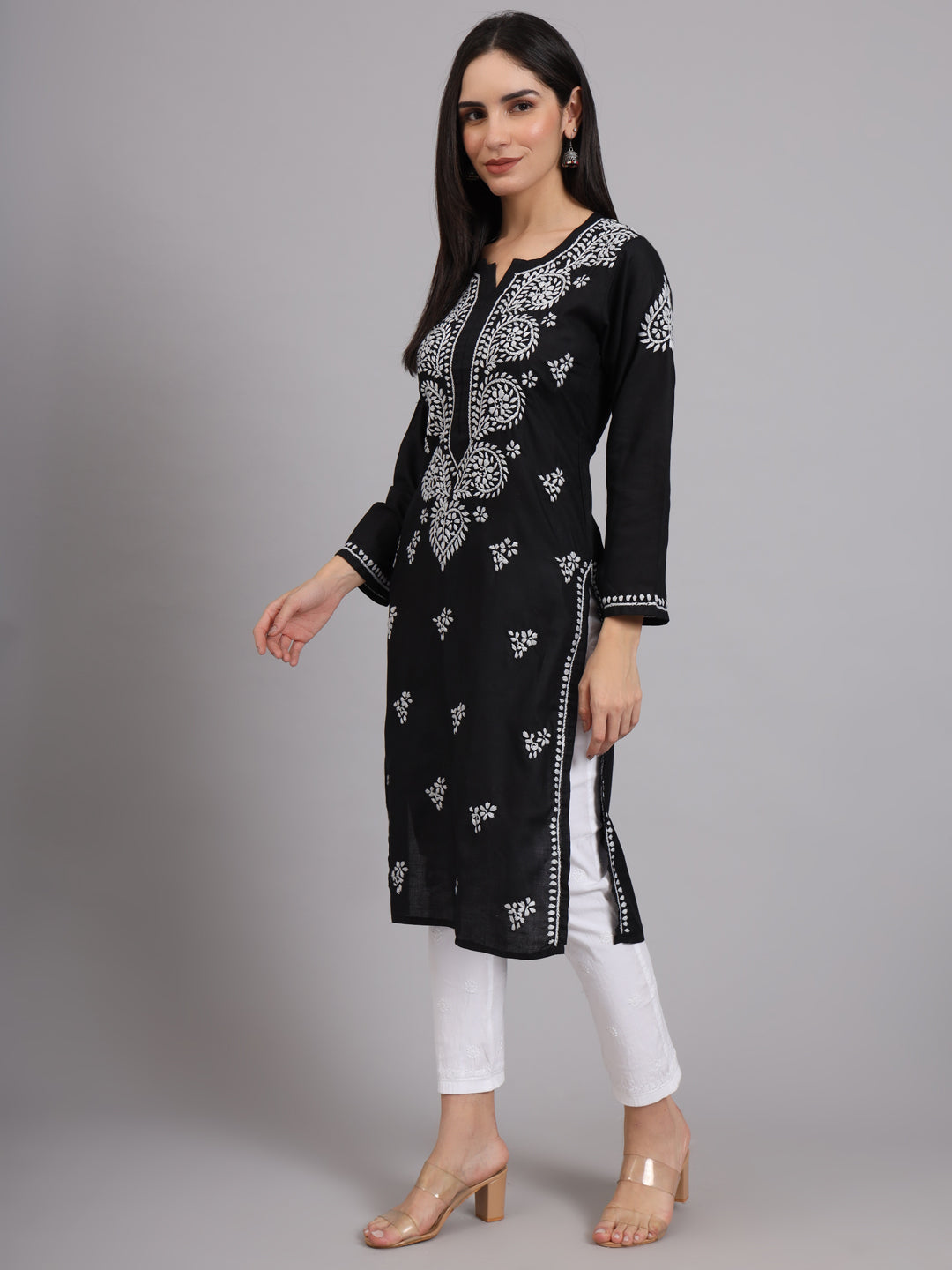 Hand Embroidered Chikankari Cotton Straight Kurta-AL3997 Black