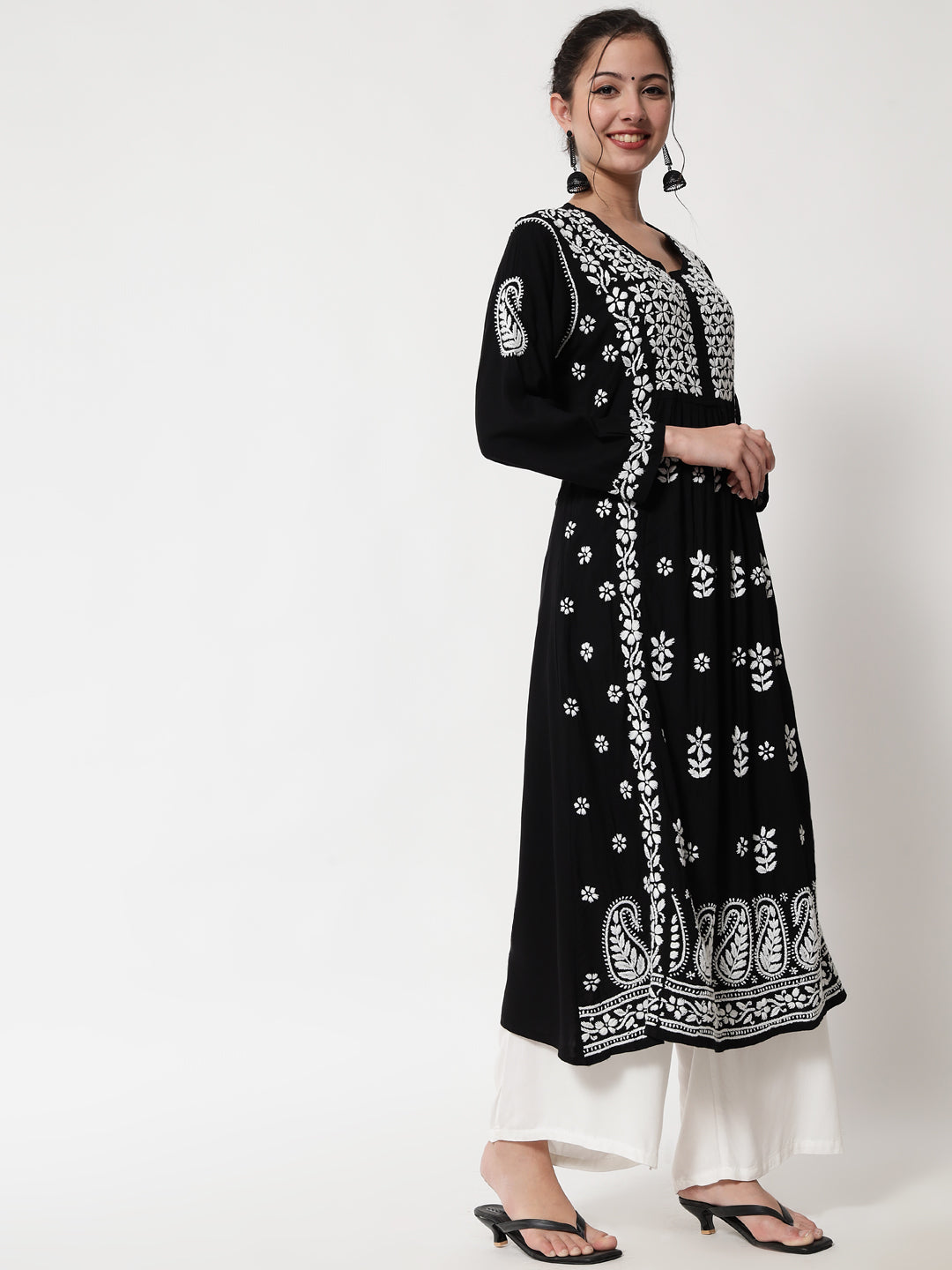 Women Hand Embroidered Chikankari Rayon Kurta-AL3549 Black