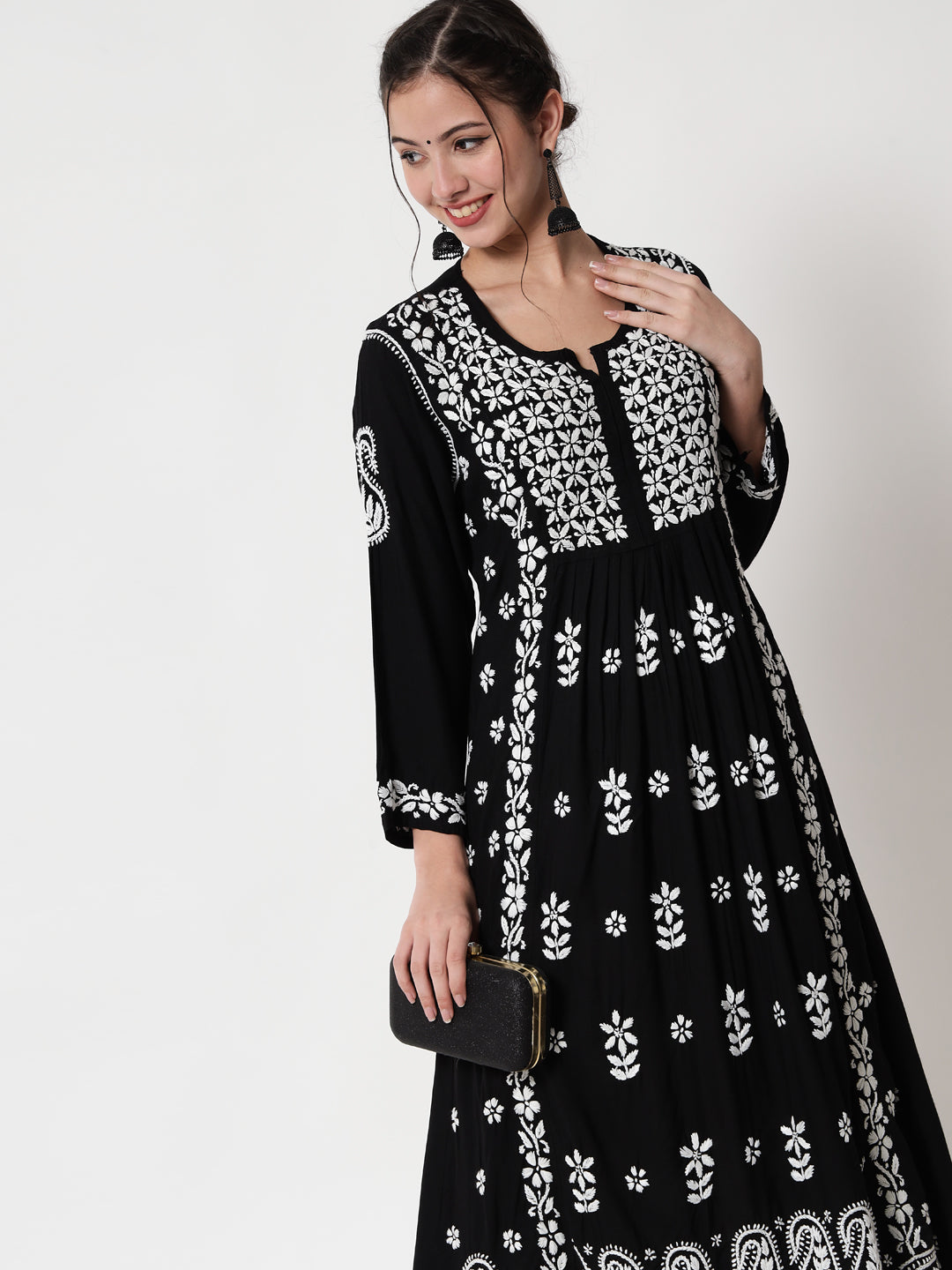 Women Hand Embroidered Chikankari Rayon Kurta-AL3549 Black