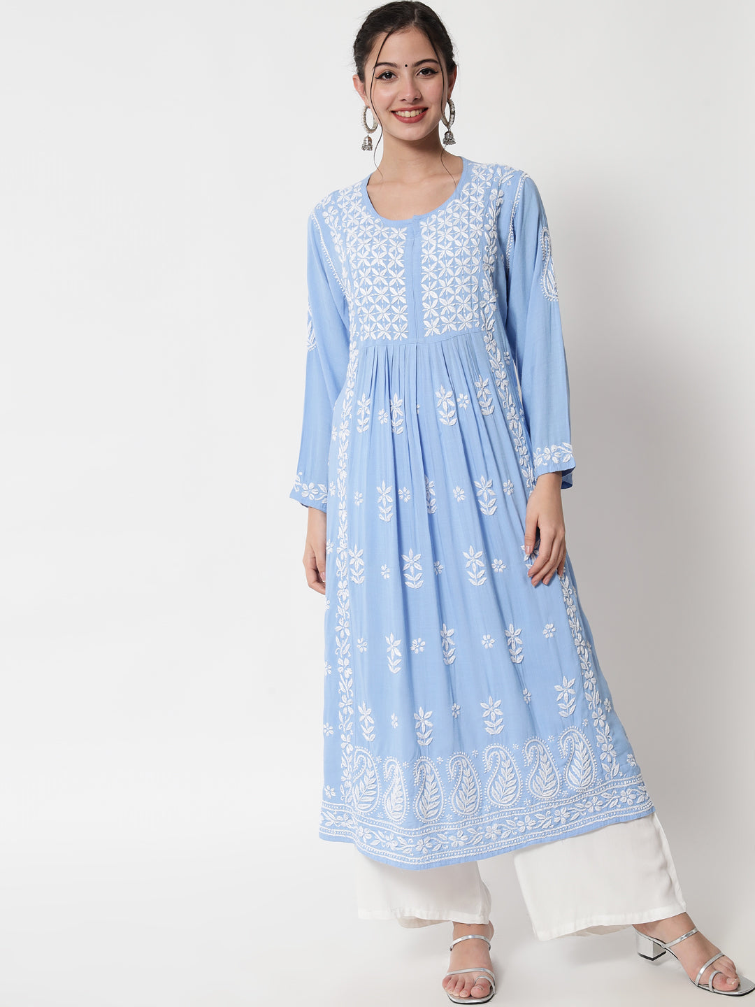 Women Hand Embroidered Chikankari Rayon Kurta-AL3549 Denimblue