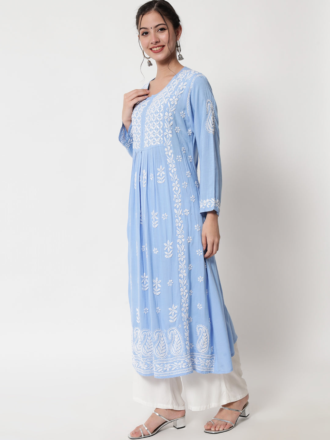Women Hand Embroidered Chikankari Rayon Kurta-AL3549 Denimblue