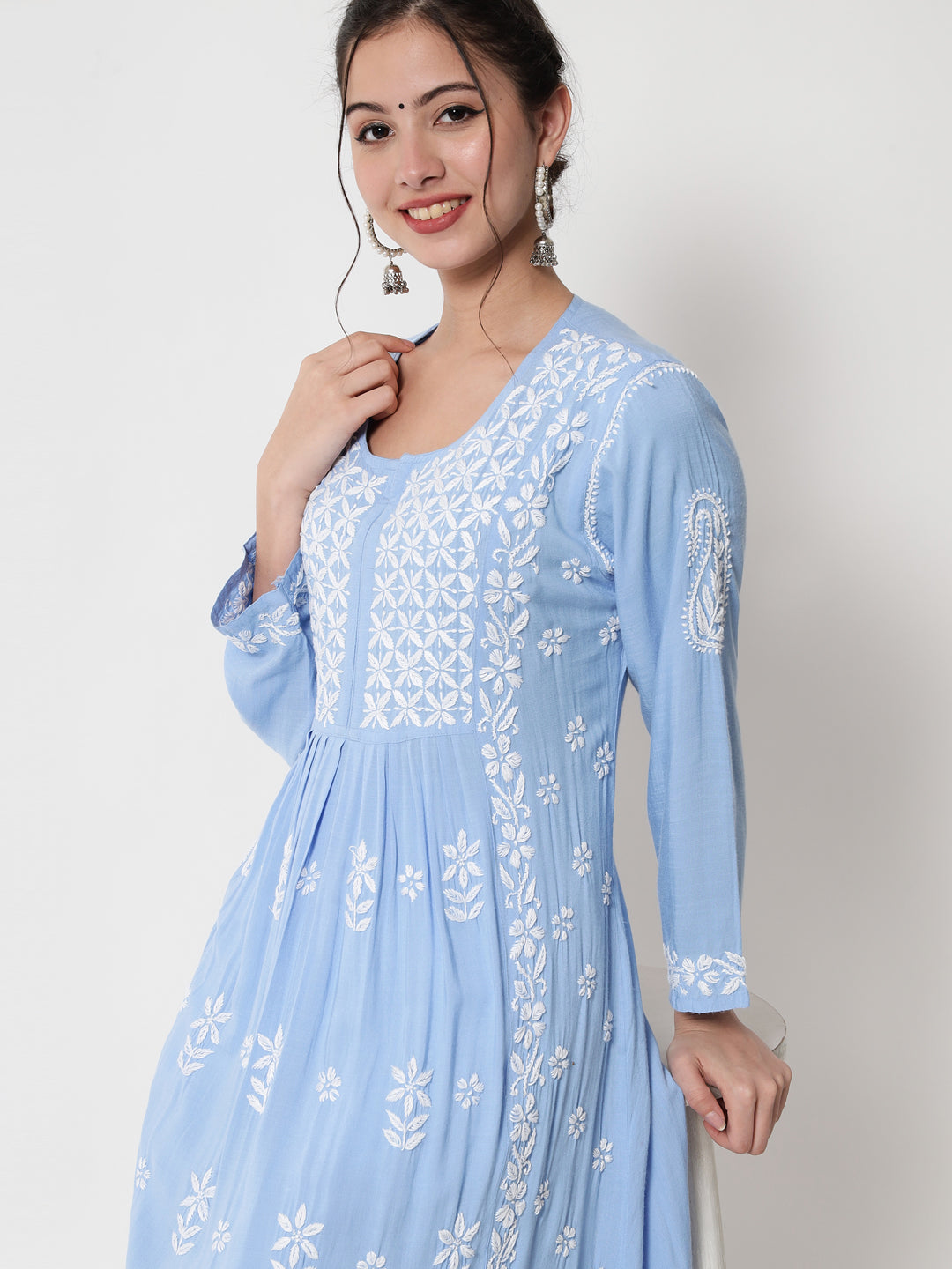 Women Hand Embroidered Chikankari Rayon Kurta-AL3549 Denimblue