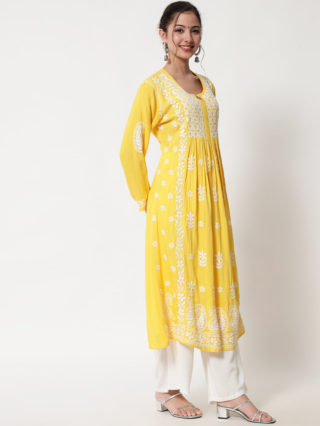 Women Hand Embroidered Chikankari Rayon Kurta-AL3549 Yellow