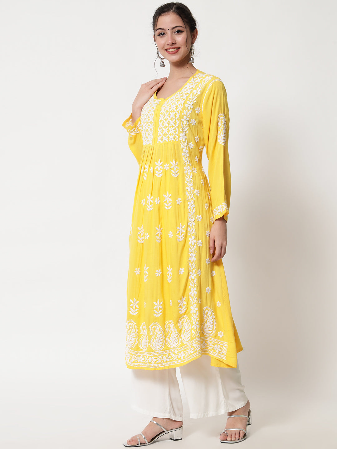 Women Hand Embroidered Chikankari Rayon Kurta-AL3549 Yellow