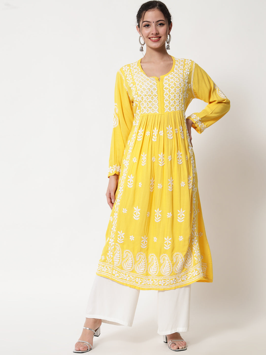 Women Hand Embroidered Chikankari Rayon Kurta-AL3549 Yellow