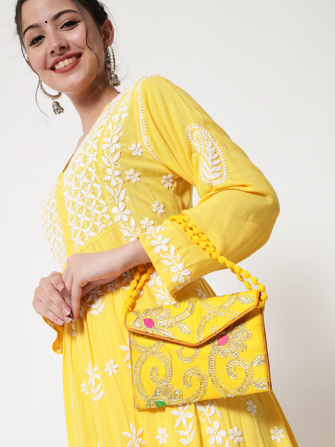 Women Hand Embroidered Chikankari Rayon Kurta-AL3549 Yellow